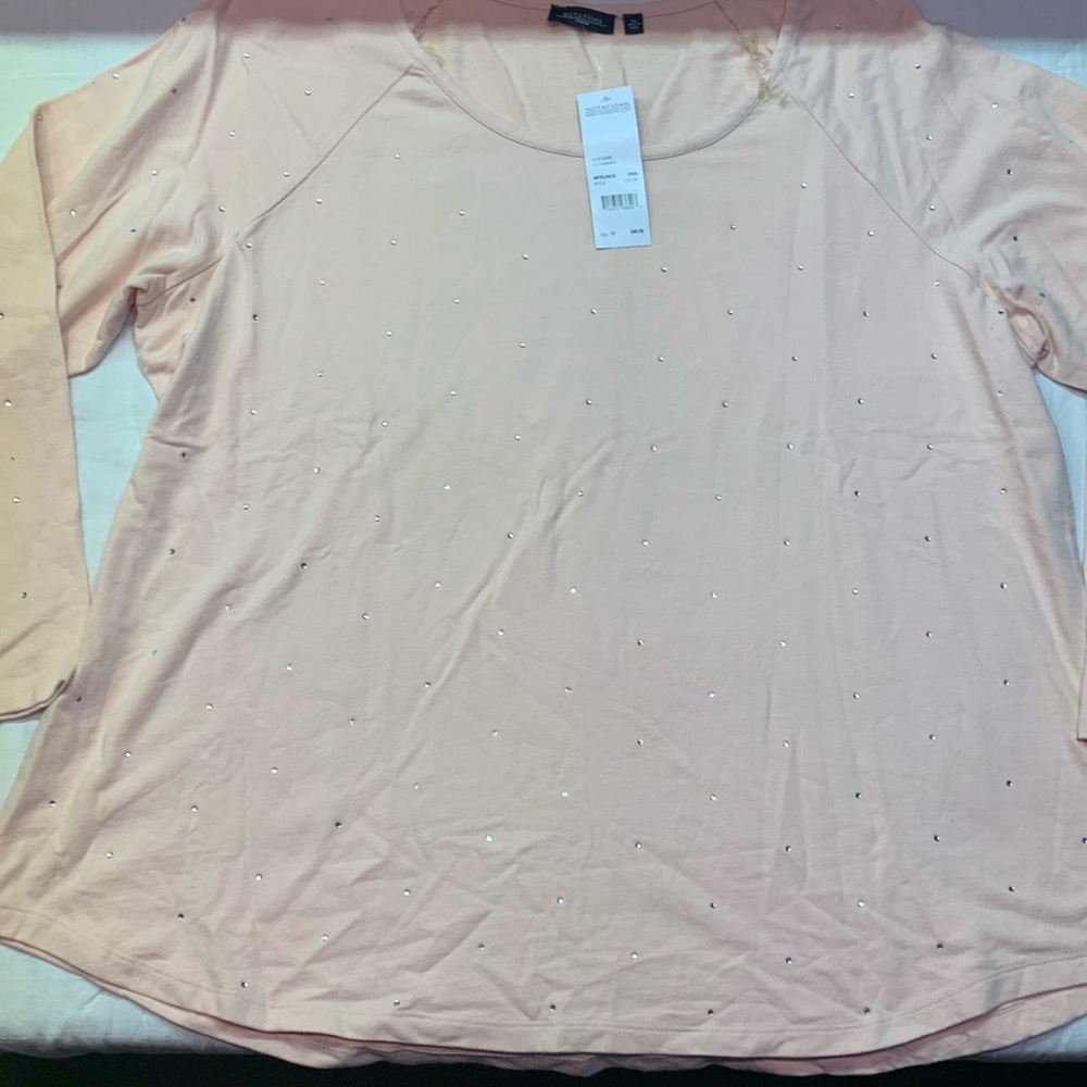 NWT Notations Women's 3X Pale Pink Long Sleeve Rhinestone Studded Tee Shirt